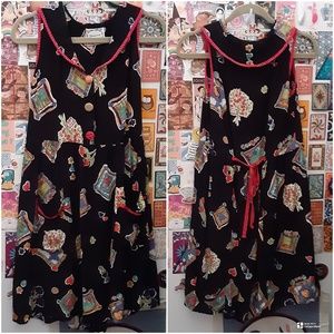 VTG 90s Dressing Clio M Artsy Teacher Empire Tie Waist Floral Novelty Tank Dress